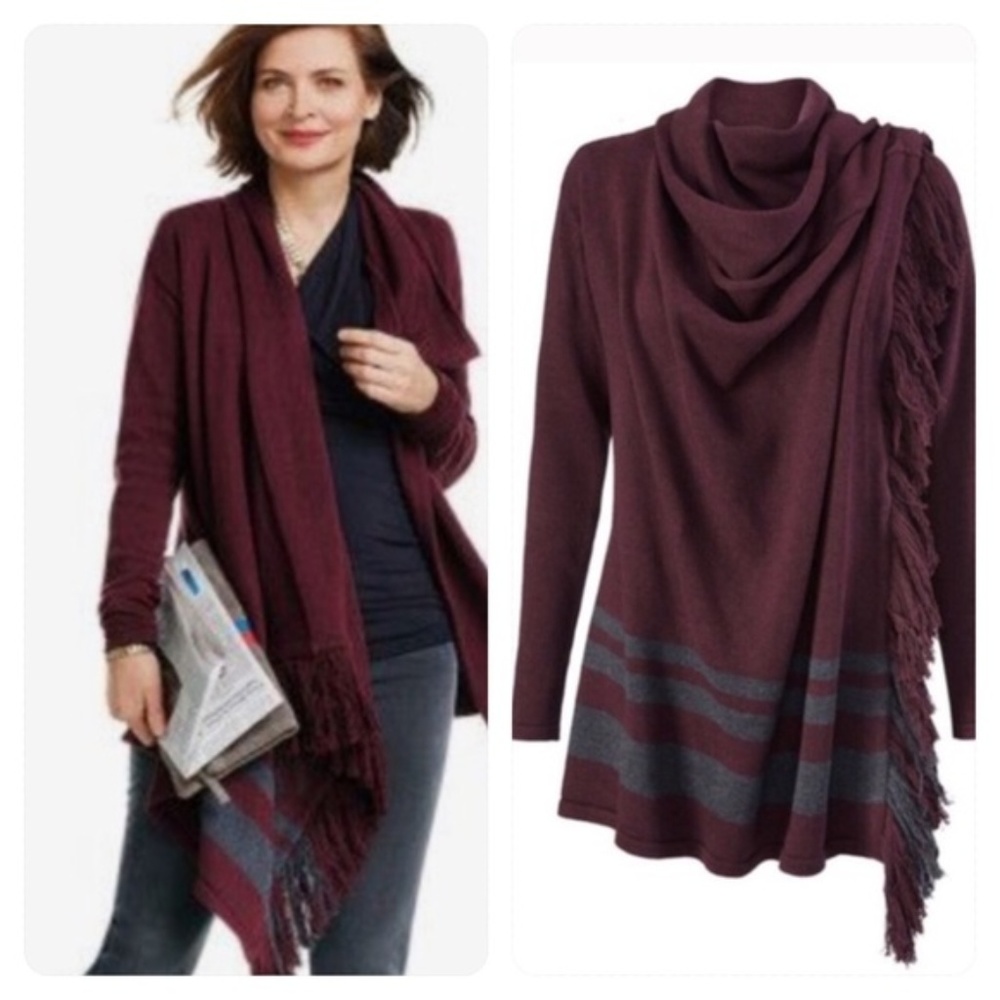 CAbi Wrap Cardigan Sweater Maroon Gray Fringe Trim